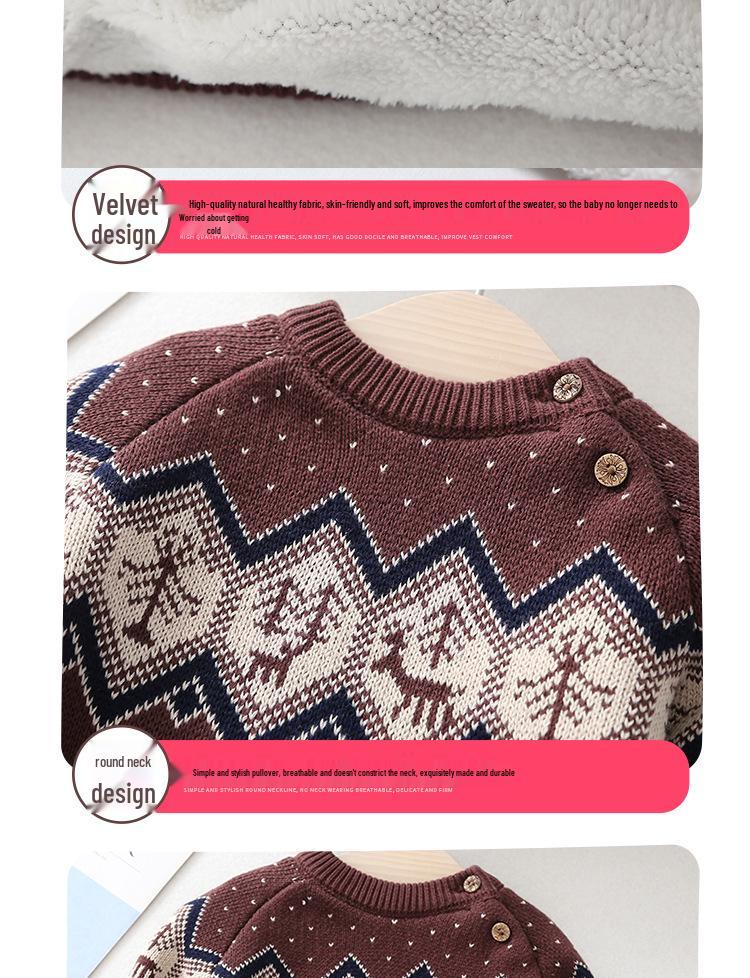 Men's and Children's Thick Fleece-Lined Retro Knit Sweater - Pure Cotton Base Layer for Infants and Kids
