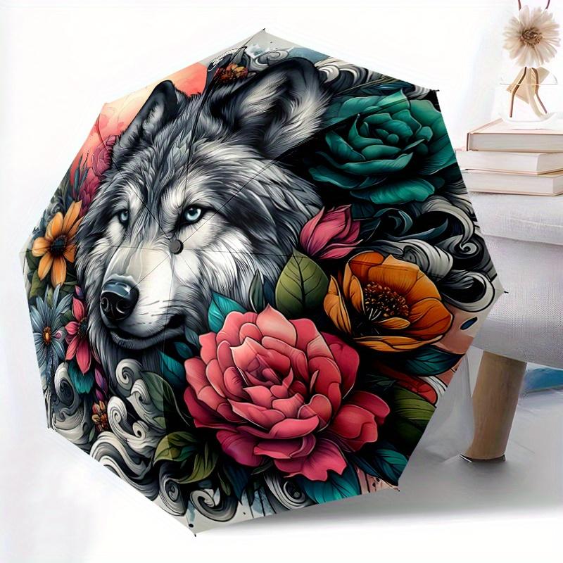 1pc Wolf Durable Cartoon Folding Umbrella, Portable 3-Fold Compact Umbrella for Men and Women, Suitable for Travel or Daily Use.U093