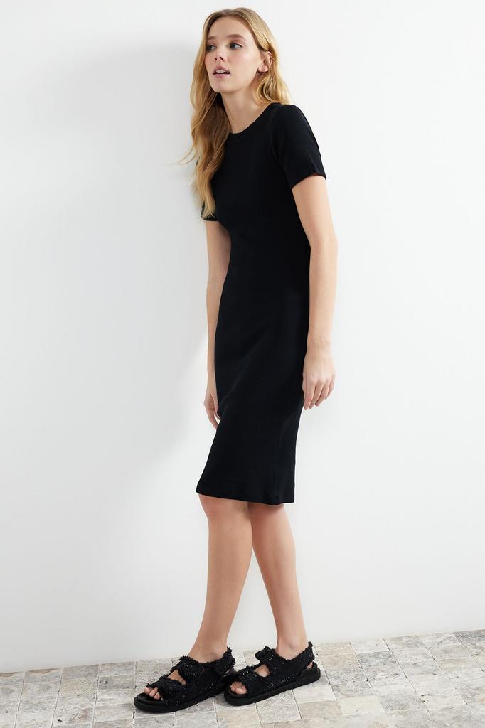 Women's Style Dress Black Crew Neck Ribbed Stretchy Knitted Midi Pencil Dress
