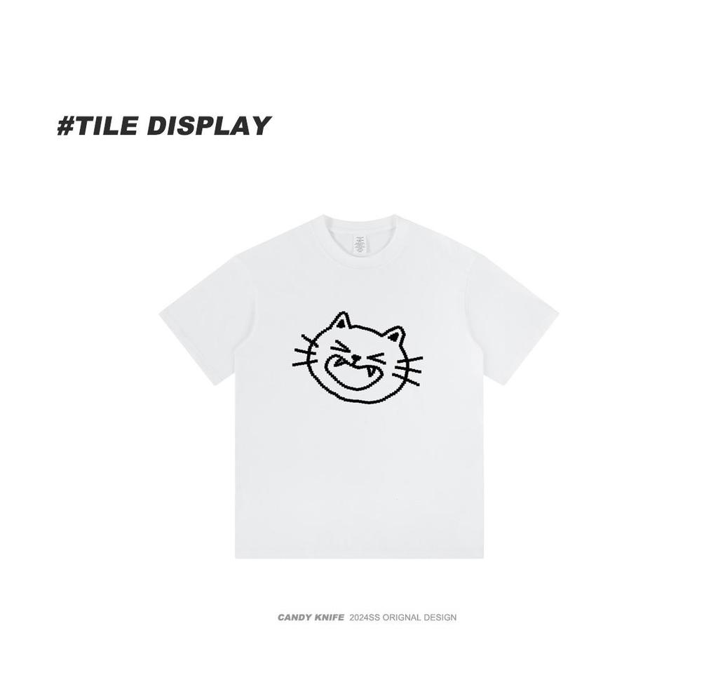 American Street Kitten Print Loose Short Sleeve Round Neck Summer T-Shirt for Couples