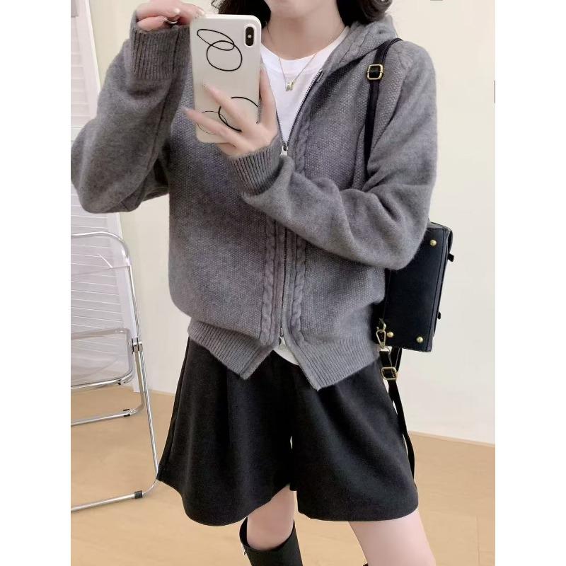 Double Zipper Hooded Sweater Jacket Women's Clothing Autumn and Winter New Loose Lazy Wind Knitted Cardigan Women