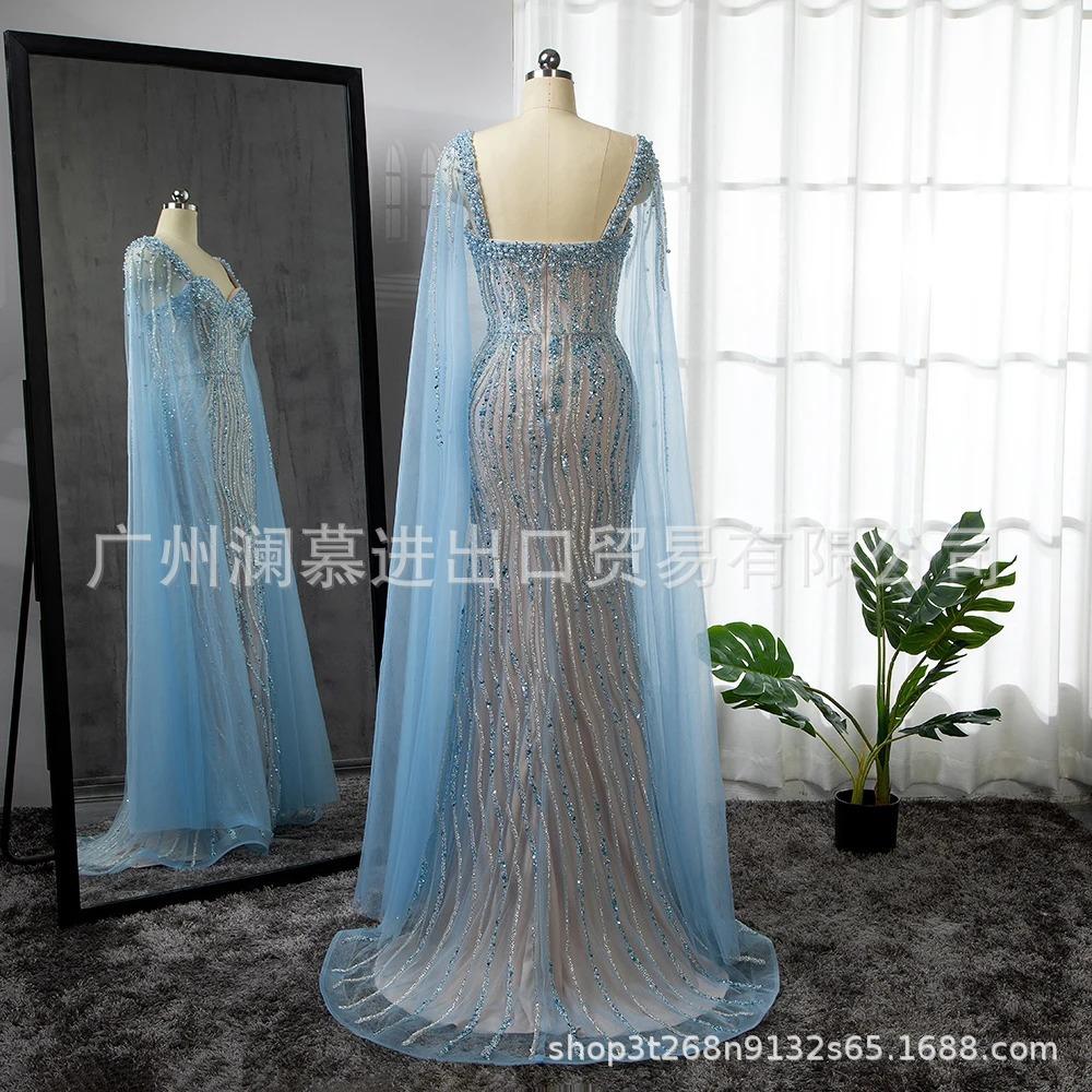 European and American high-end blue elegant flying sleeves fishtail dress banquet host performance evening dress LA11111