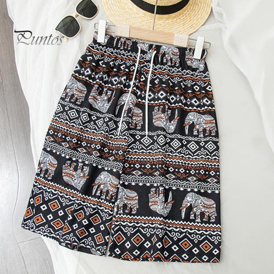 Women Summer Shorts Thiland Elephant Print Drawstring Elastic Waist Loose Soft Breathable Vacation Beach Travel Knee Length Shorts Homewear Pajamas