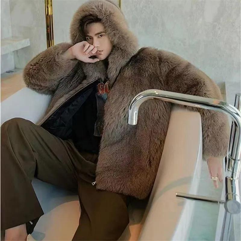 Herren Herbst- und Wintermantel mit Kapuze aus Fuchsfell, Modisch, Warm, Leicht und Luxuriös, Lässiger Kurzer Pelz-Baumwollmantel