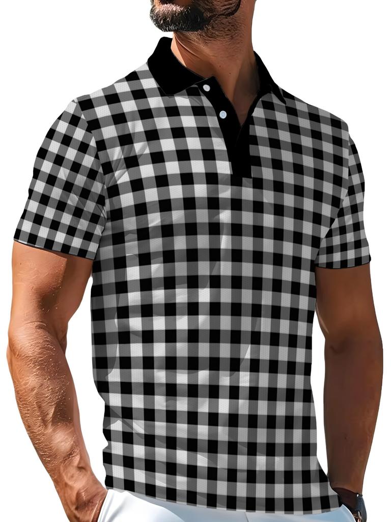 Men'S Outdoor Polo Shirt, Multi-Sizes Available, Black And White Checkered Print, Fashionable Casual Comfortable, Men'S Top Suitable for Hiking And