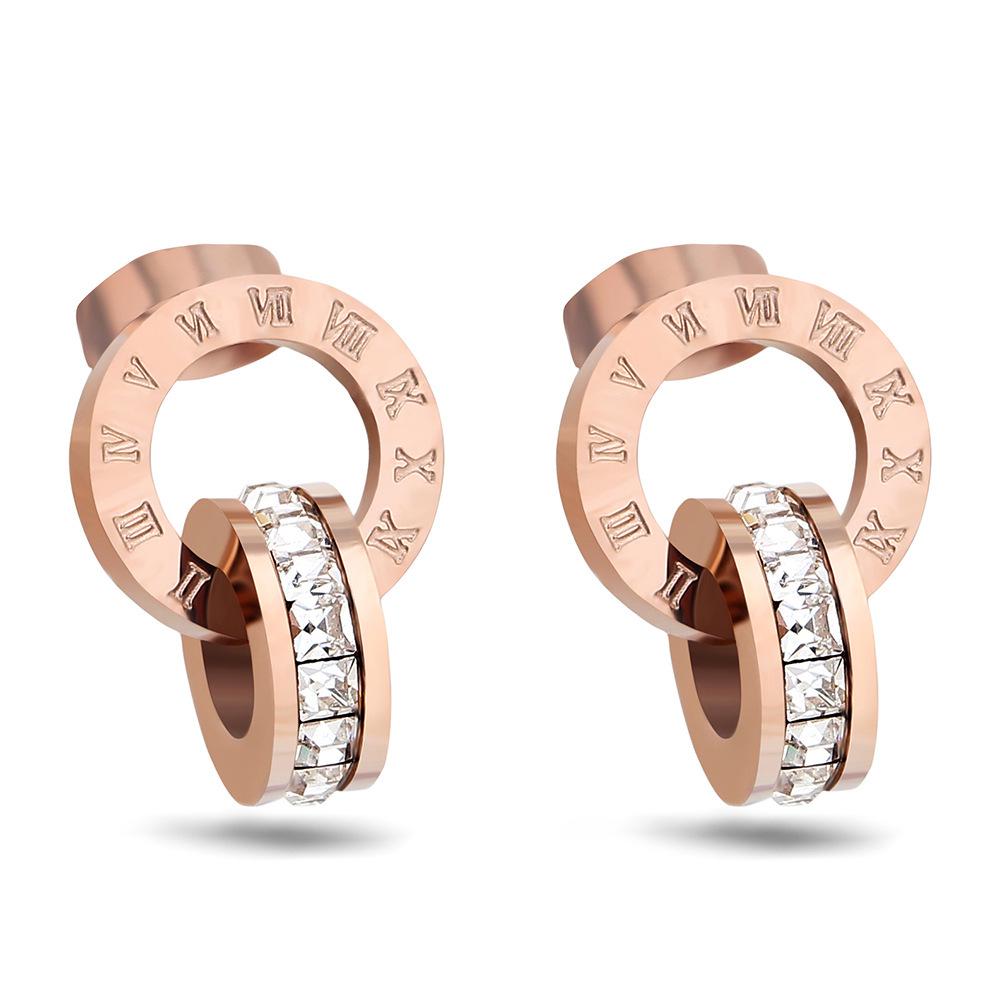 Roman Numeral Double Layer Rhinestone Rose Gold Stainless Steel Stud Earrings