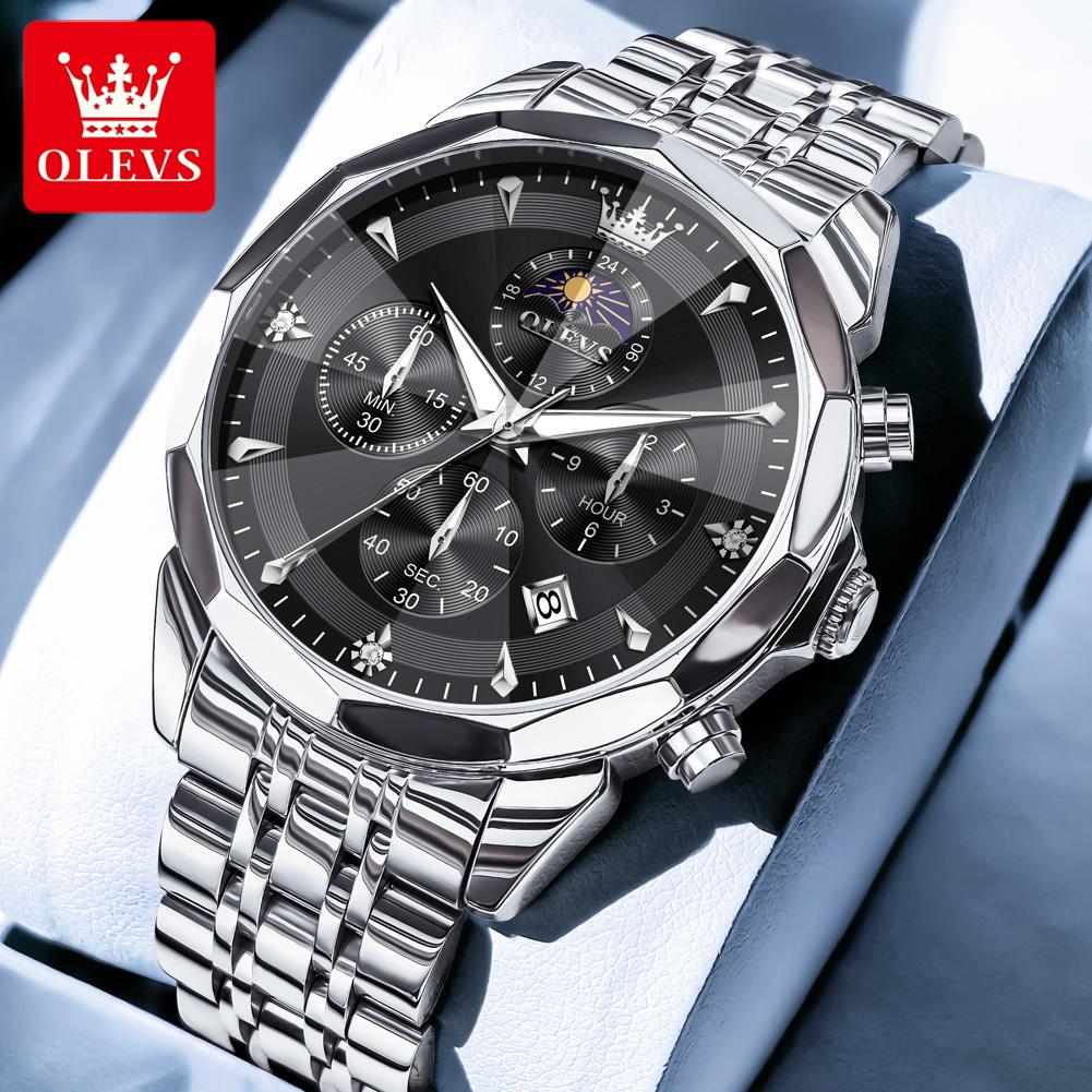 OLEVS Mens Watch Original Business Brand Quartz Watch Rhombus Mirror Waterproof Luminous Automatic Date Moon Phase Watch
