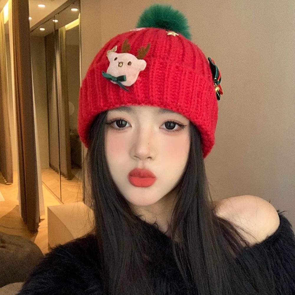 Bow Christmas Plush Cap Soft Thickened Brimless Cap Versatile Red Knitted Woolen Hat  Girls
