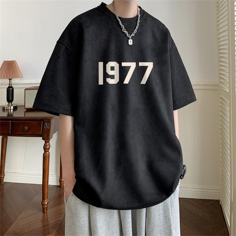 1977 Printed T-shirt Men's Summer Suede Short Sleeve Casual High Street Vintage Oversized T-shirt