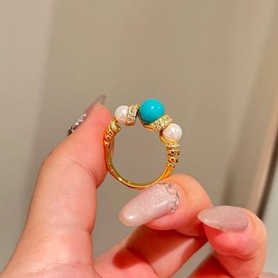 Anelli Vintage a Carica Rotanti con Perle e Turchesi per Donna Diamante Intarsiato Anello Moda Retro Lusso Leggero Gioielli per Coppia Regalo