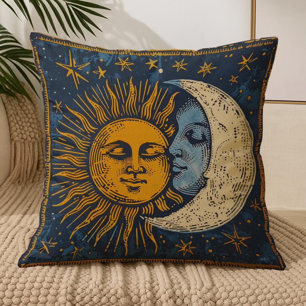 Federa Cuscino Decorativa Boho Cielo Sole e Luna, Cuscino Decorativo Notte Stellata Stile Tarocchi Vintage