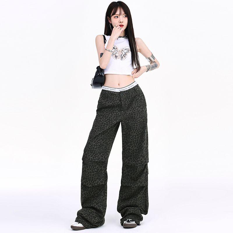 

Fashion Style Leopard Print Cargo Pants Women 2024 Summer New Arrival Niche Style Wide Leg Drawstring Ankle-Tied Sexy Denim Umbrella Pants Women Leopard-pants XS