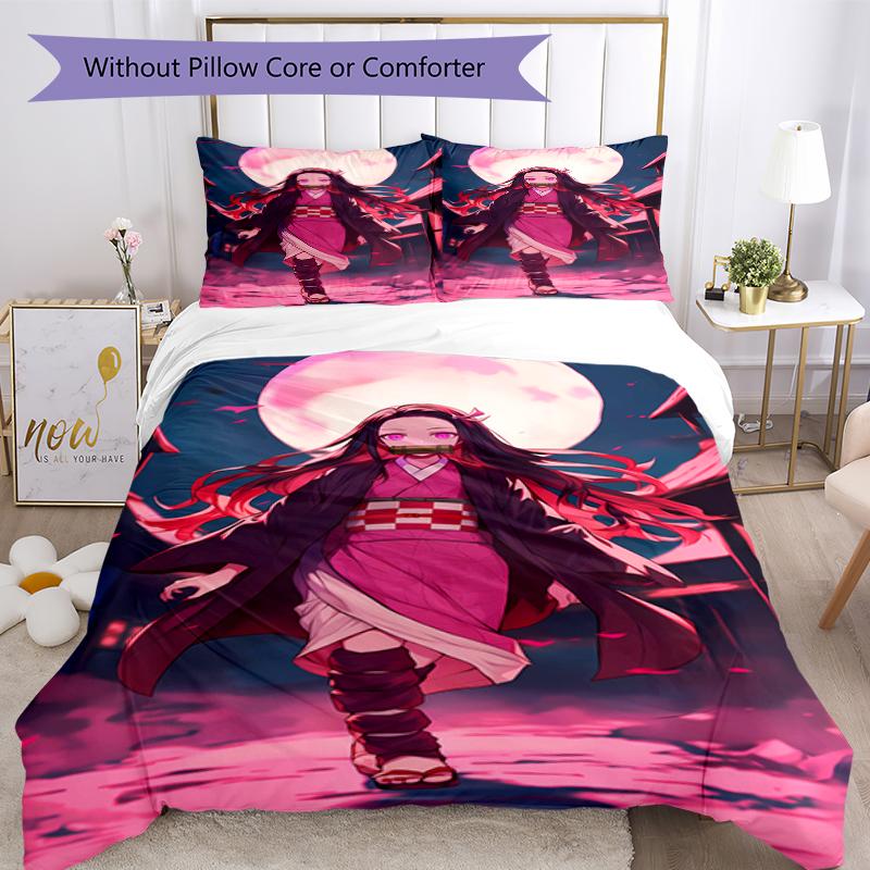 3pcs Demon Slayer Nezuko Pattern Bedding Set Duvet Cover Set Includes Duvet Cover &pillowcases, Perfect All Season Bedroom Decoration & Gift