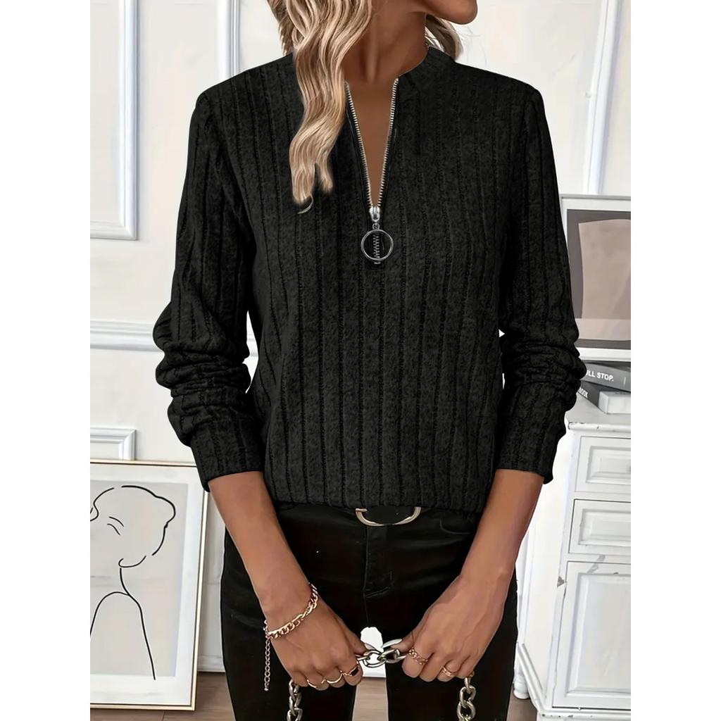 Høst og Vinter Dame Strikket Ribbestrikket Ensfarget Stoff Glidelås Langermet Dame T-skjorte