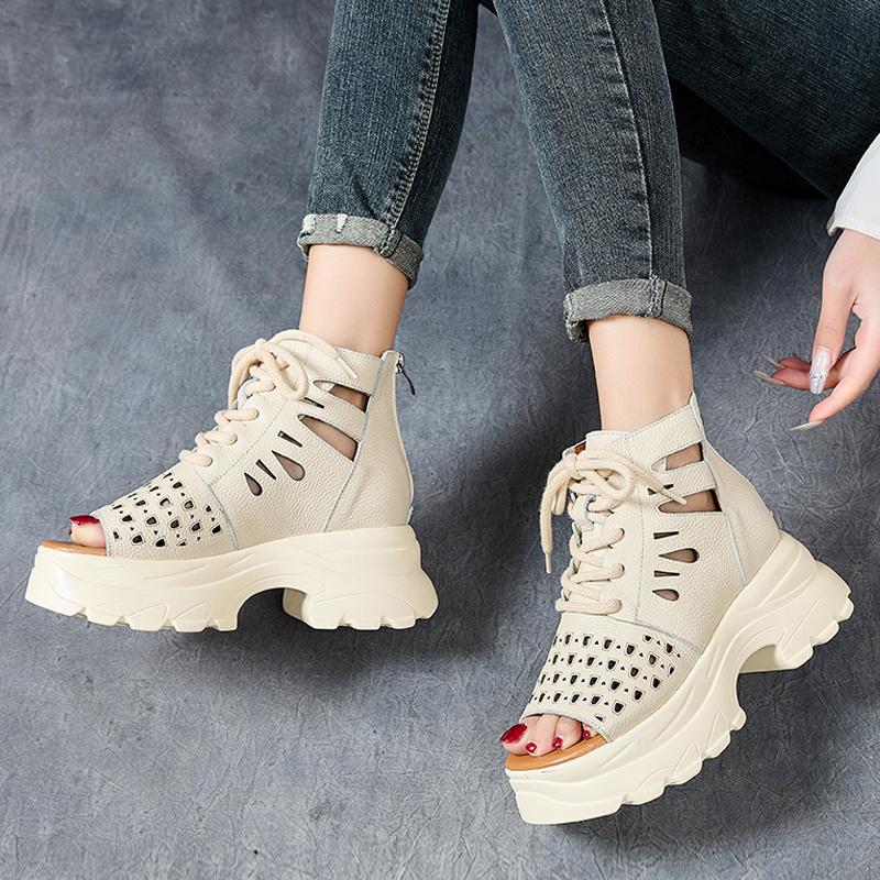 Fashion GKTINOO Women Sandals 2025 Summer Platform Thick High Heel Sandals GLADIATOR Genuine Leather Back Zipper Open Toe Cool Boots