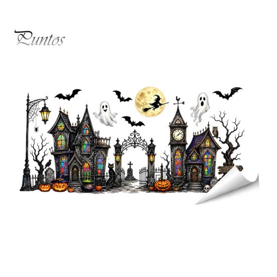 Seasonal Room Accents Halloween Window Static Sticker, Ghost Castle Black Cat Print Decals, Cartoon Patterns Waterproof PVC Cling for Home Holiday