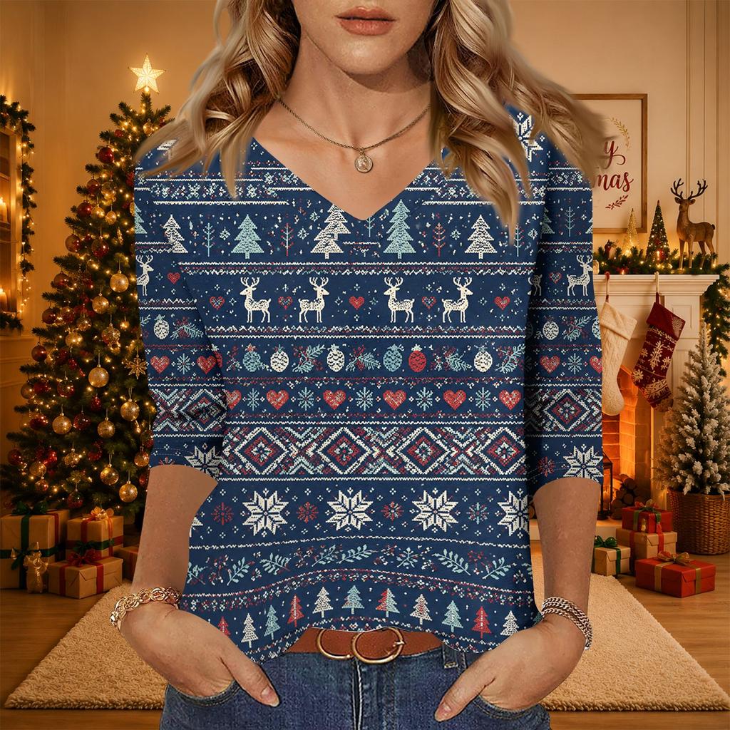 Women's Casual V-Neck Christmas Print Tunic -Quarter Sleeve Holiday Blouse
