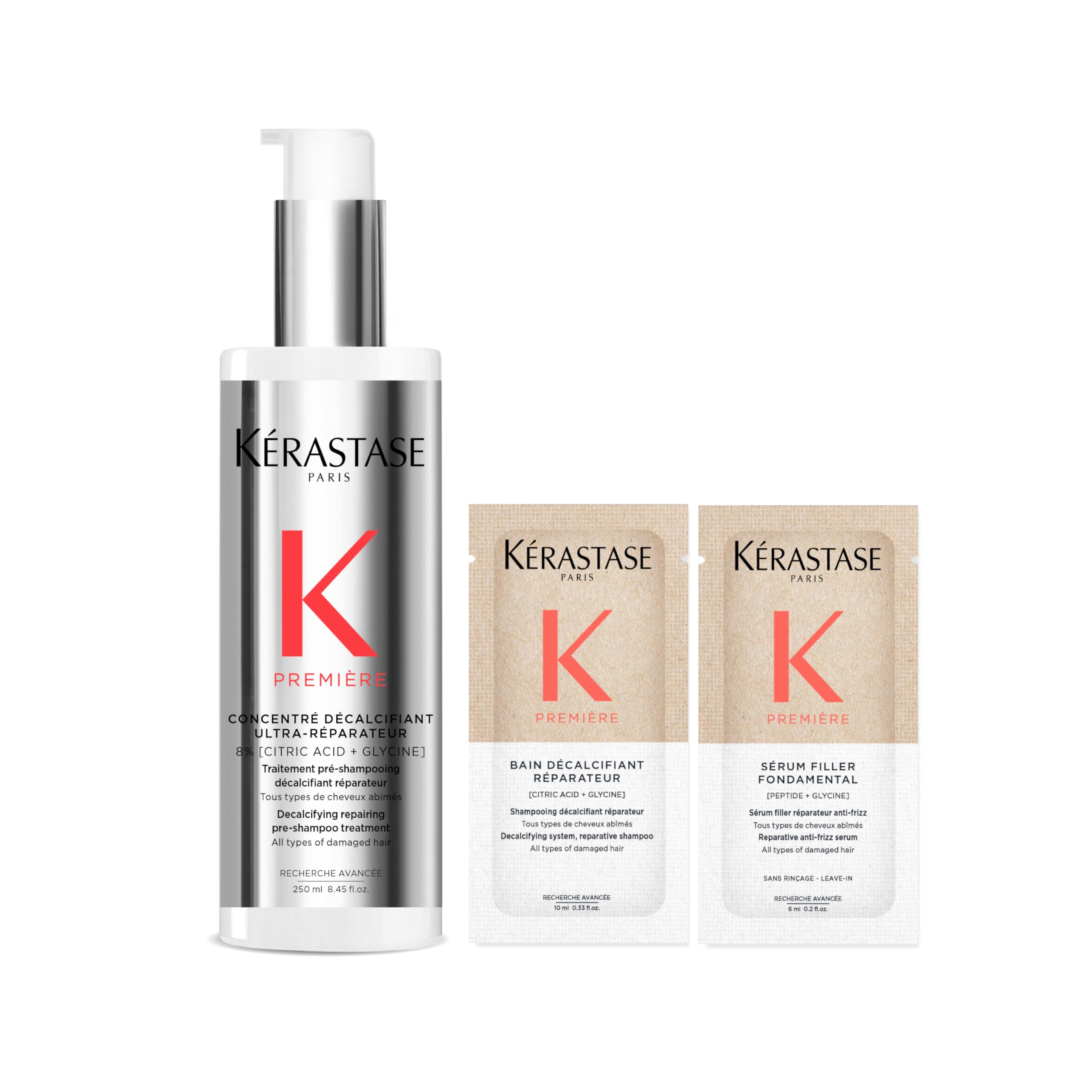 

Damage Repair Consentre 250 мл Damage Care 2 образца включены Decalcify 10 мл Шампунь x1 Serum Repair Fondamental 6 мл Сыворотка для волос Kérastase Pre-Treatment