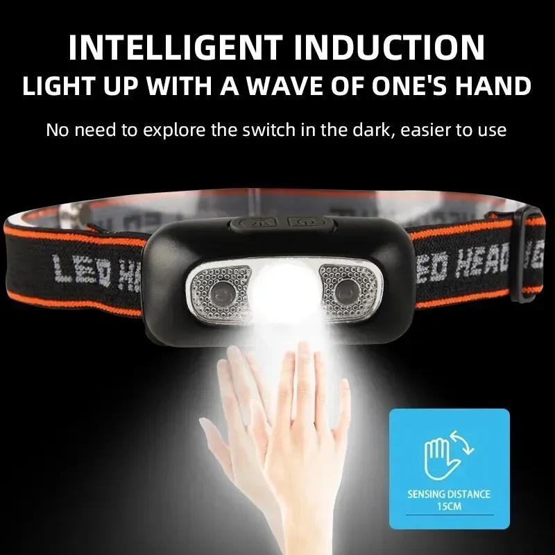 Mini Ultra-bright Sensor Industrial Headlamp Portable LED Headlight USB-C Rechargeable Flashlight for Outdoor Camping Fishing