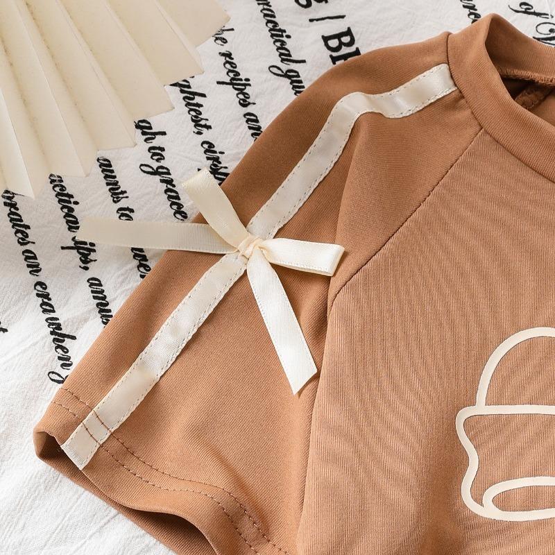 Girls' Fashionable Caramel-colored Bow Tie Set for Summer Children's Casual Short-sleeved Wide-leg Pants Two-piece Set