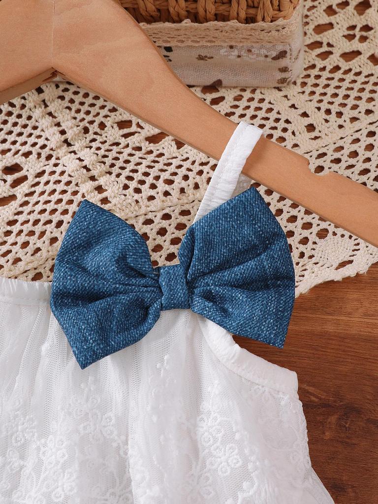 Fashion Big Bow Decor Ruffle Cami Top Denim Lace Trim+Shorts for 0-3Y Baby Girl 2Pcs Outfit Summer Sleeveless Infant Casual Clothes Set