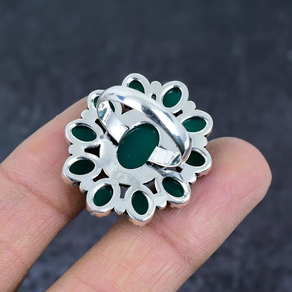 Natural Green Onyx Gemstone 925 Sterling Silver Jewelry Ring Size 8.5 t5N15