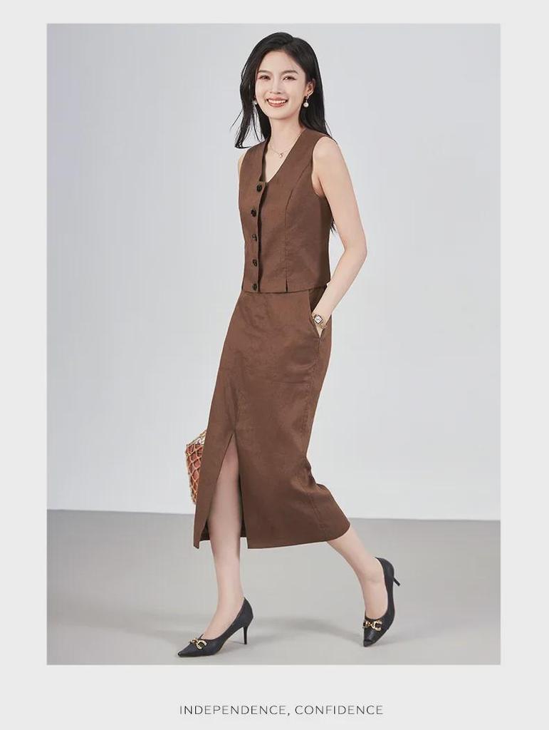 2425408-Elegancki lniany zestaw kamizelki i spódnicy - Damski wczesnojesienny