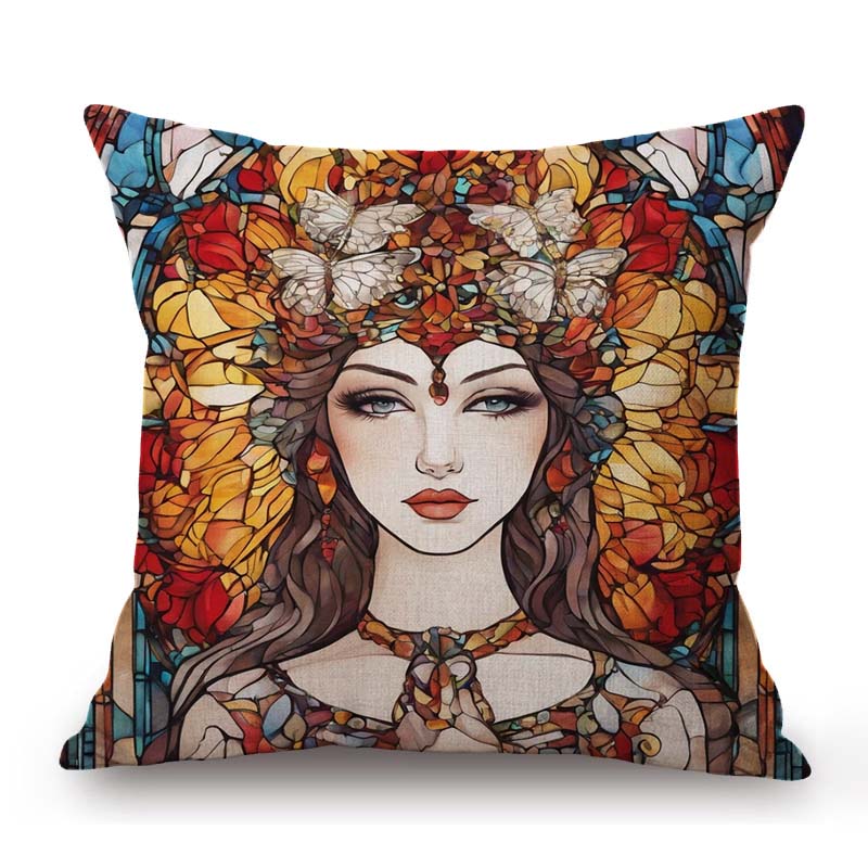 Nouveau Art Mucha Style Stained Glass Eleglant Lady Divine Witch Retro Decoration Art Sofa Pillow Case Linen Cushion Cover