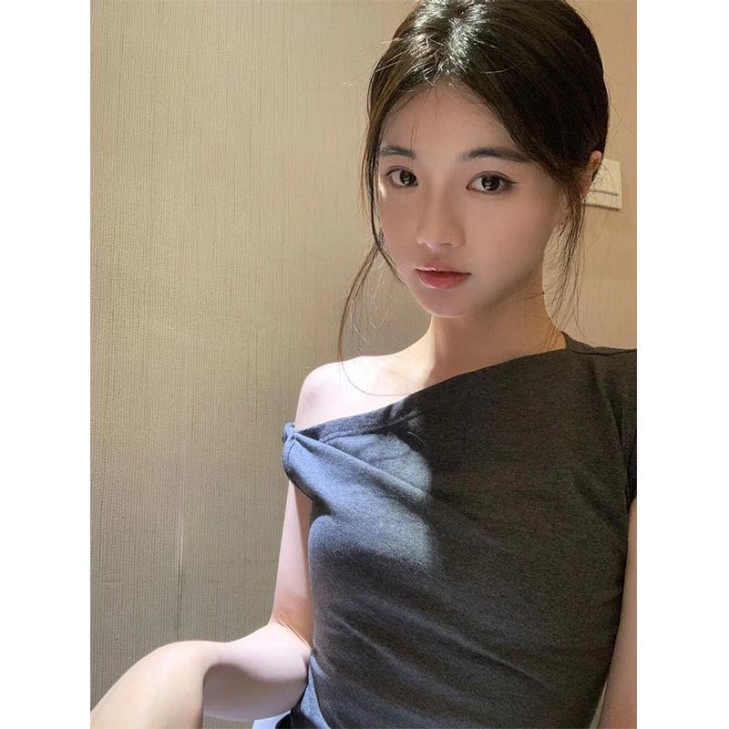 

Gray Off-Shoulder Short-Sleeve Top - 2025 Summer Hot Girl Style M Premium серый