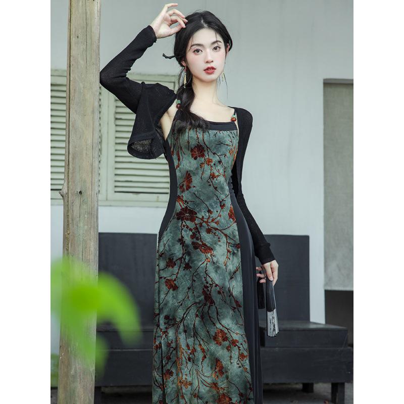 

Autumn Women s Ink Painting Style Tie-Dye Flocking Suspender Dress Large