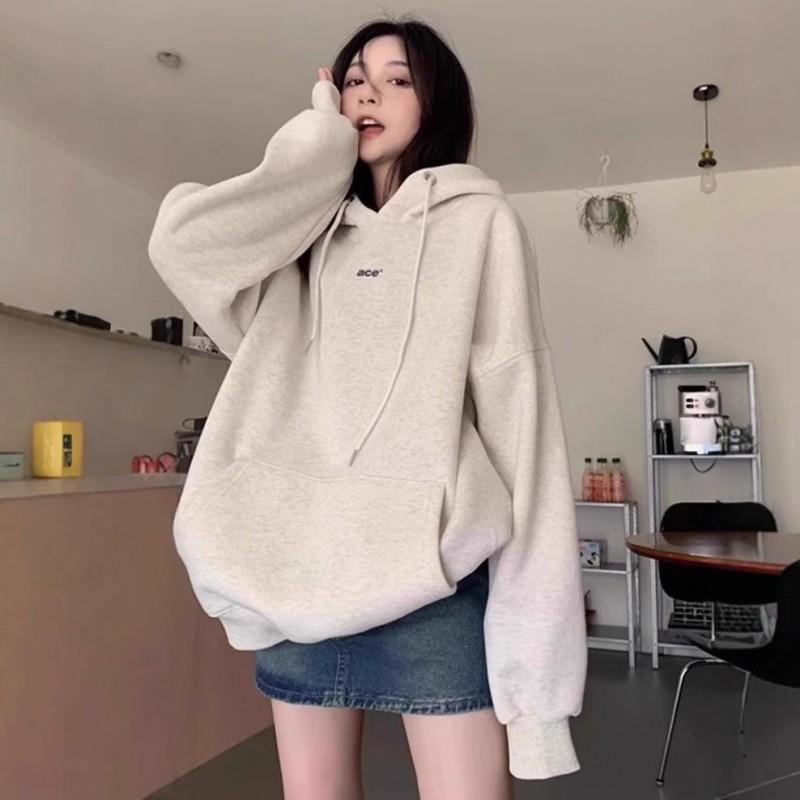 Cotton Oversized Hooded Sweatshirt White-Grey Thick Fleece Loose Fit Vintage Streetwear Winter