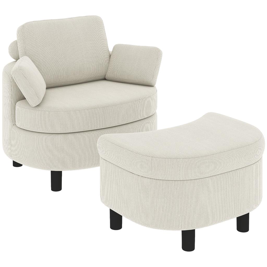 Armchair Lounge Chair with Storage Stool, Cushion Cream White