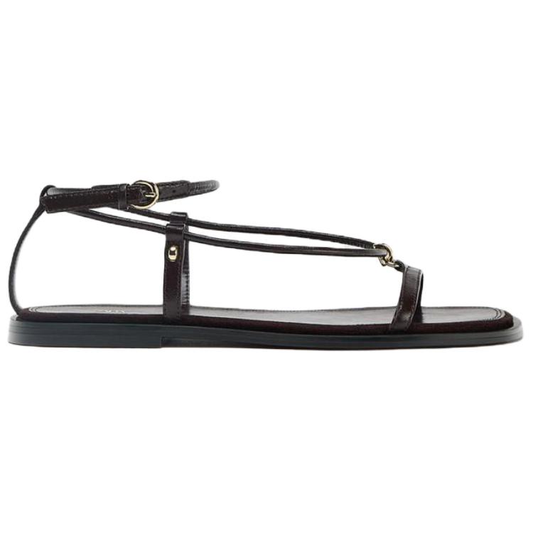 Zara Sheepskin Leather Open-Toe Vintage Strap Sandals 1Cm Women Sandals Brown 1611610700