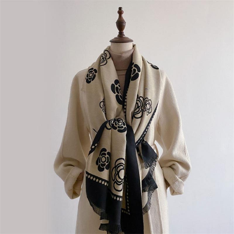 Camellia cashmere scarf women's winter senior sense versatile thickened warm scarf air conditioner shawl