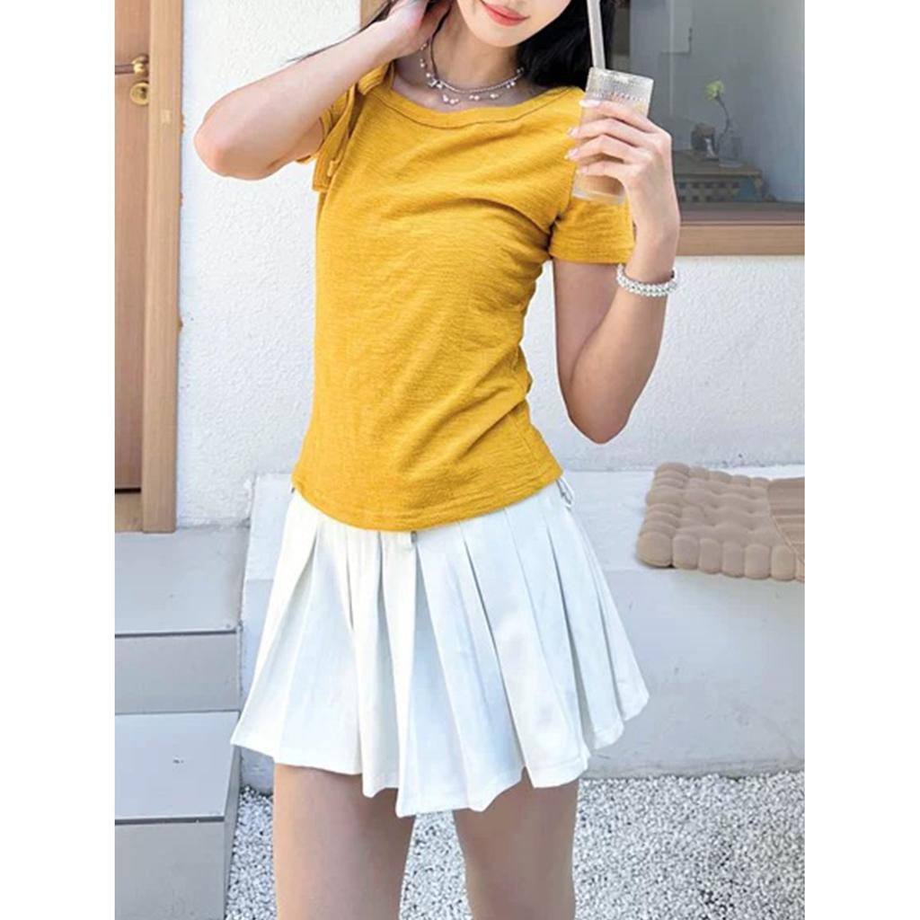 Korean Yellow Slanted Shoulder Short-sleeved T-shirt Slim Versatile Off-the-shoulder Strap Design Spice Girl Top