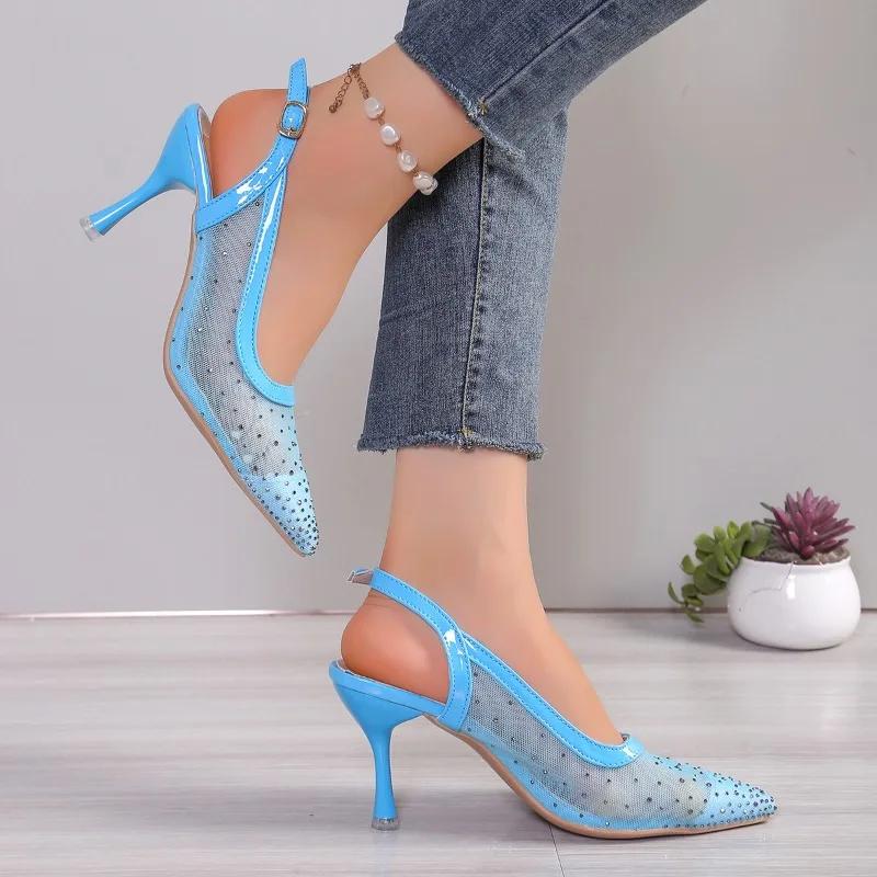 

Fashion Sexy Summer New Net Head High Heels Hollow Back Strap Women s Sandals Pointed Toe Shoes Synthetic Inner Material Rubber Sole 35 небесно-голубой