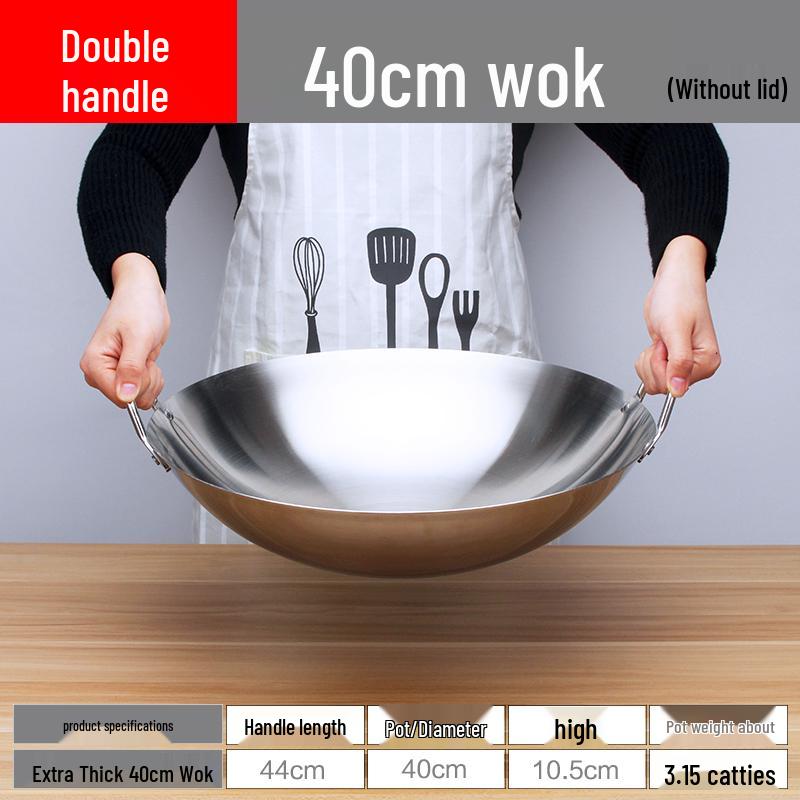 Extra Thick Non-Magnetic Stainless Steel Wok, 34-100cm Round Bottom with Double Ears for Commercial Use