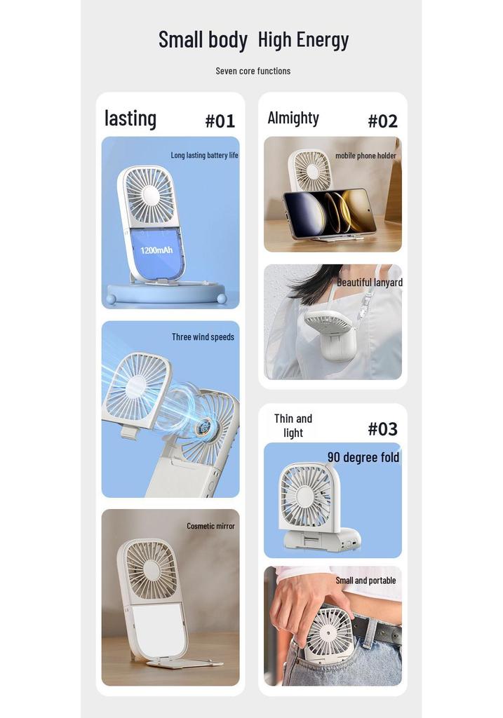 Portable Multifunctional Mini Fan: Three Speeds, Neck-Hanging, Foldable, Rechargeable, Desktop & Handheld Use