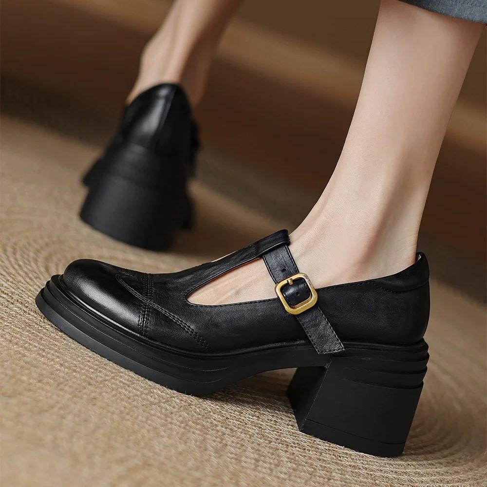 Washed leather! Huge comfortable~ Soft leather single shoes women's thick heel thick sole Mary Jane shoes small leather shoes French high heels