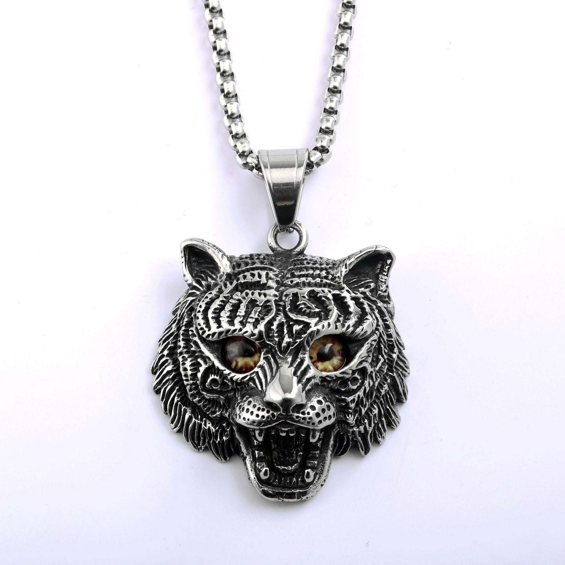 Унисекс Европейское Ретро Нержавеющая Сталь Подвеска Ожерелье с Инкрустацией Драгоценным Камнем Дизайн Тигр, Лев, Леопард