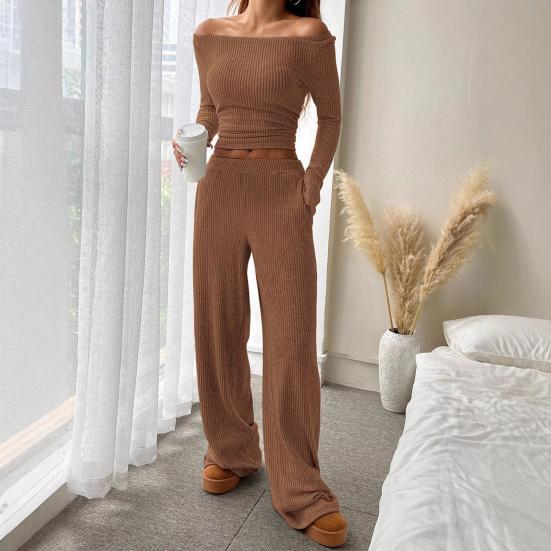 Women's 2 Piece Outfits Fall Casual Boat Neck Long Sleeve Ribbed Top Wide Leg Pants Matching Lounge Set