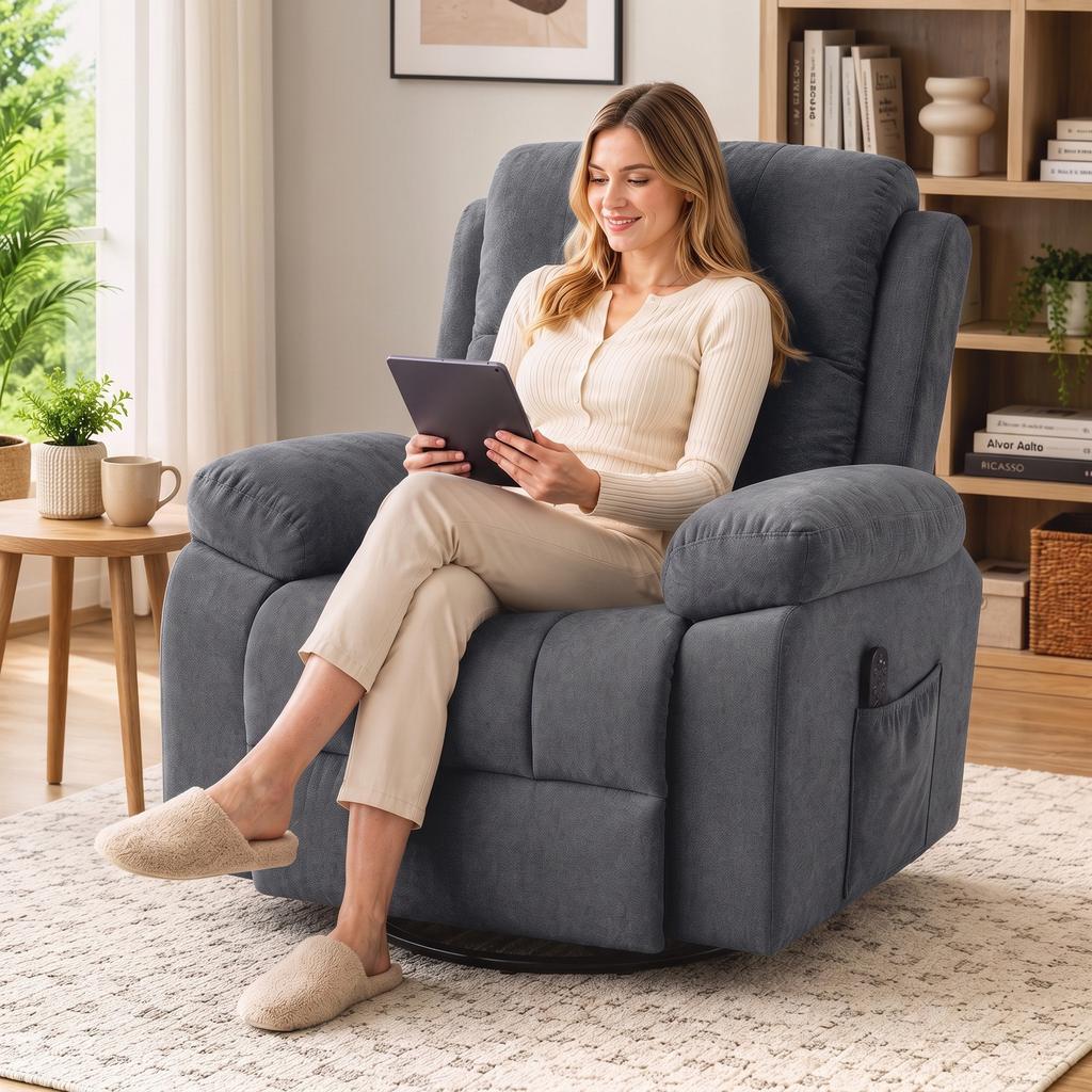 Recliner TV Chair 360 degrees Rotating Massage Chair with Heat, Massage, Chenille Look, Dark Gray