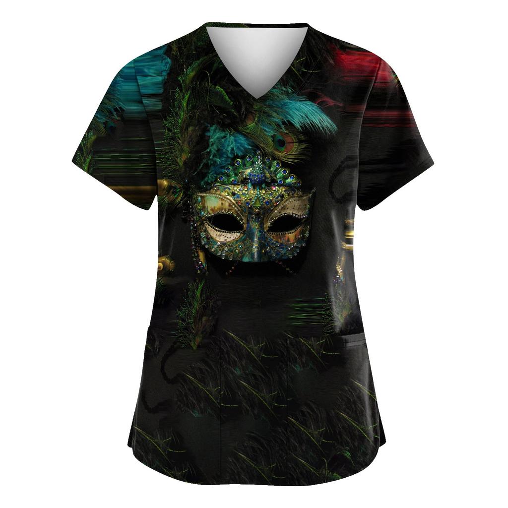 Uniforma de carnaval imprimată pentru femei Uniforma de lucru cu decolteu în V Uniforma de protecție pentru buzunar