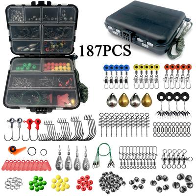 187/263 Pcs Fishing Tools Accessories Kit Jig Hooks Fishing Sinker Weights Swivels Snaps Connectors with Fishing Tackle Lure Box