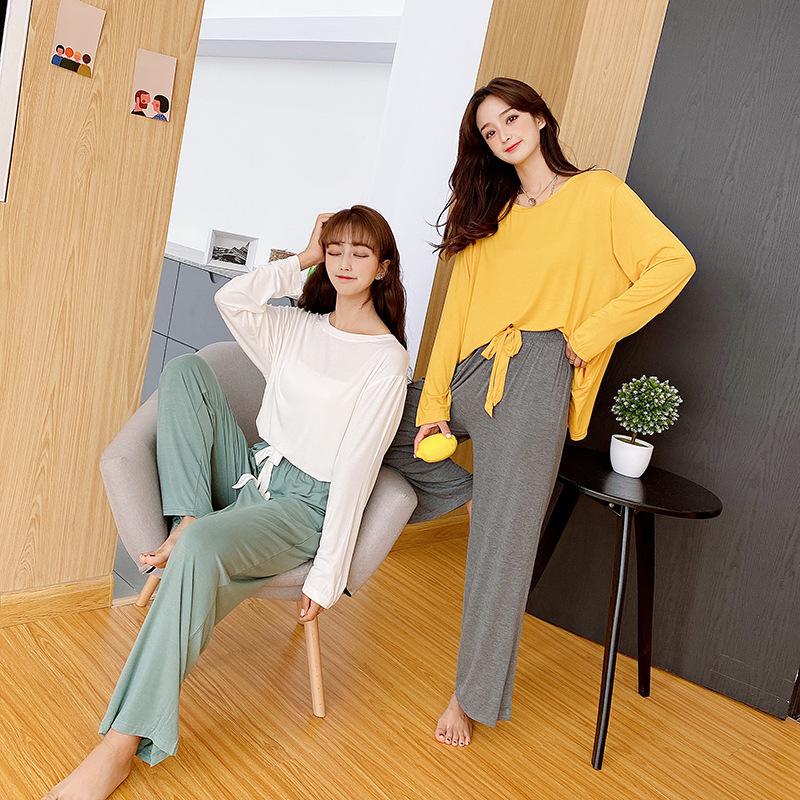 Plus Size Color-contrast Modal 2pcs Homewear Set Long Sleeve Tshirts and Wide Leg Pants Women Loose Pajamas Sets Streetwear Comfort Clothing