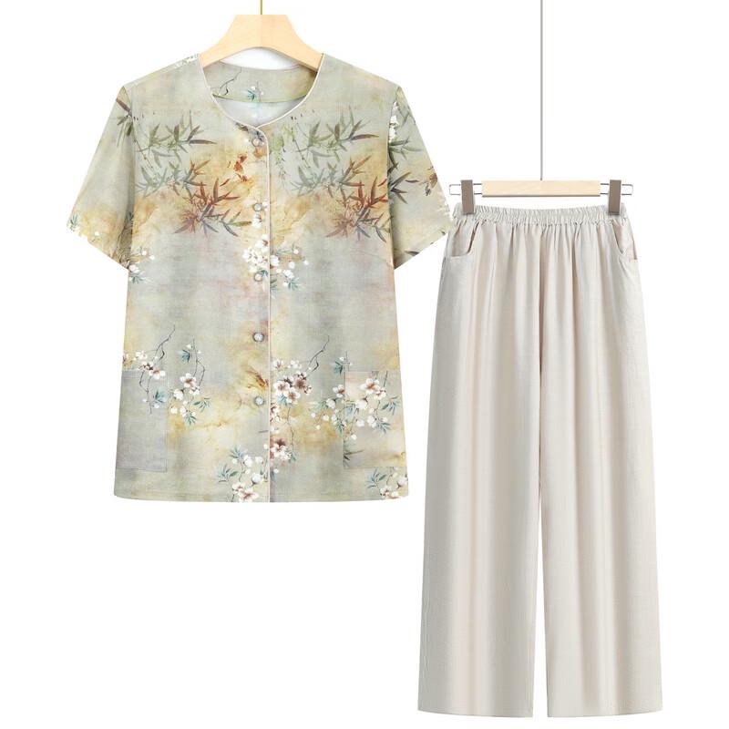 LangSha Elderly Women's Summer Floral Short Sleeve Set