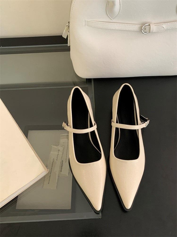 

French pointed single shoes women s thick heel with Mary Jane women s shoes 2025 spring new flat-bottomed shallow mouth small leather shoes 35
