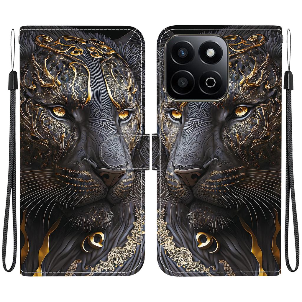 Handmade PU Leather Flip Case for Honor X7c Anti-Slip Shockproof Cover with Wrist Strap & Heart/Rose Cat Designs