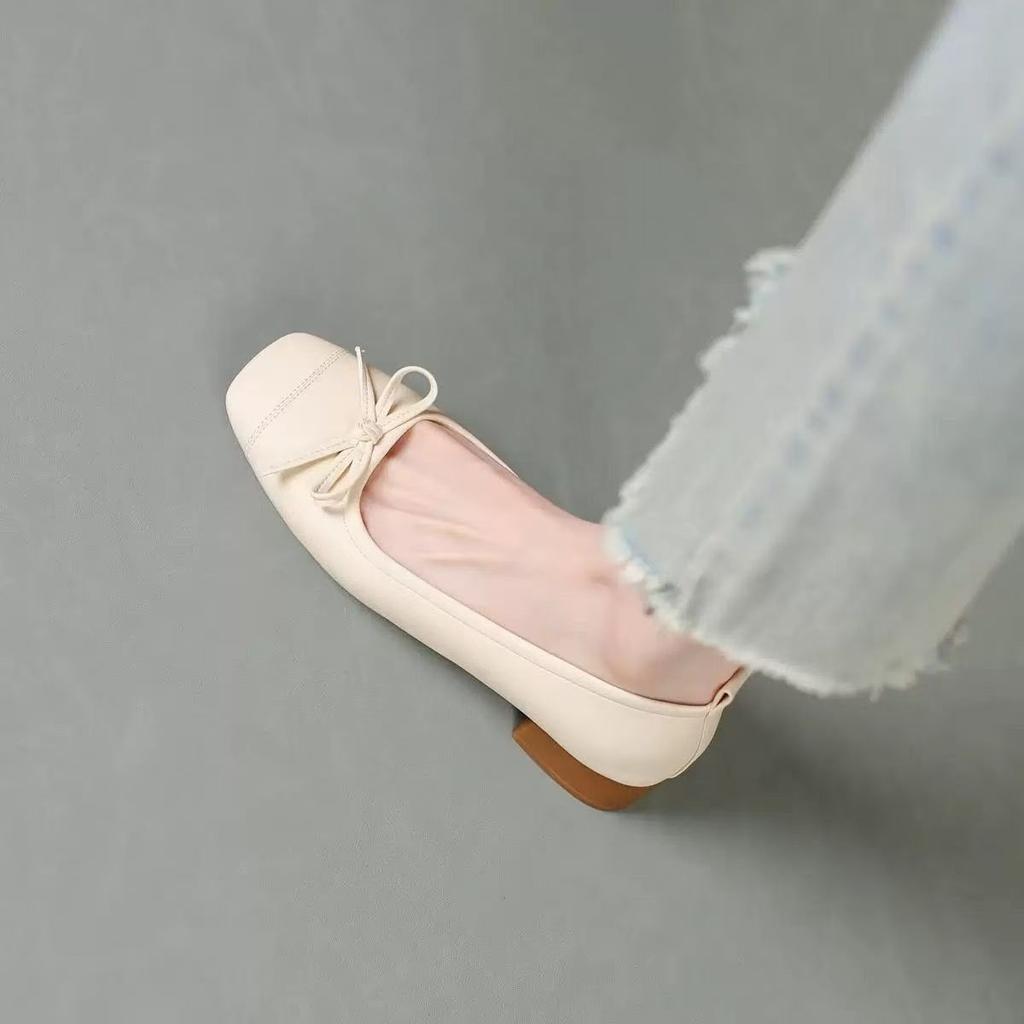 French small fragrant style bow shallow mouth square head single shoes women's comfortable soft sole 2025 autumn new huge good-looking women's shoes