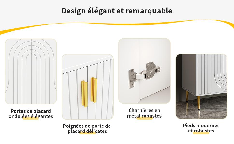White Sideboard (152 X 40 X 75 Cm) with Unique Wave Design and Golden Handles and Feet for an Elegant Dining Area